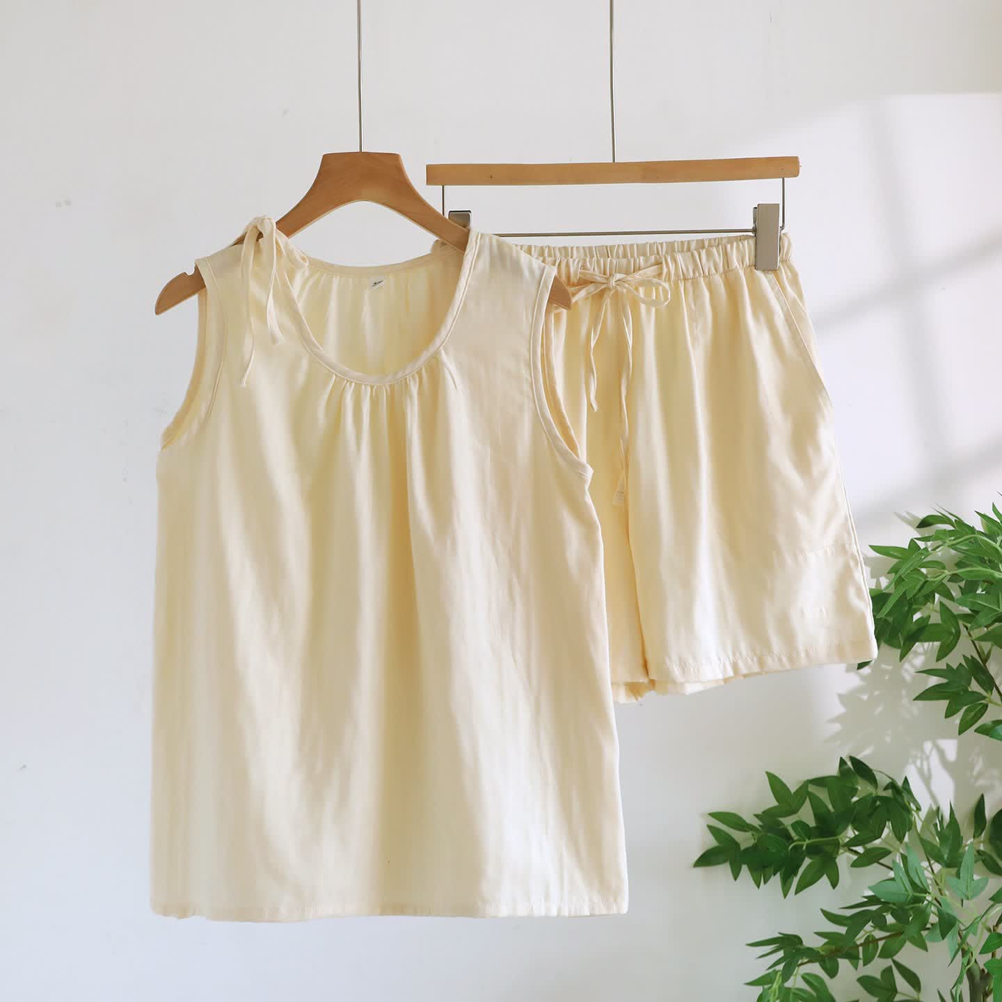 Solild Cotton Double Gauze Sleeveless Pajamas - Beige - XL - image 6