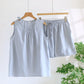 Solild Cotton Double Gauze Sleeveless Pajamas - Blue - XL - image 3