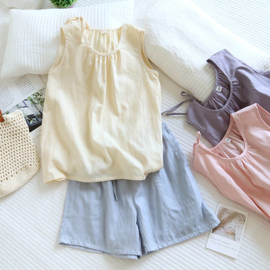 Solild Cotton Double Gauze Sleeveless Pajamas - image 1