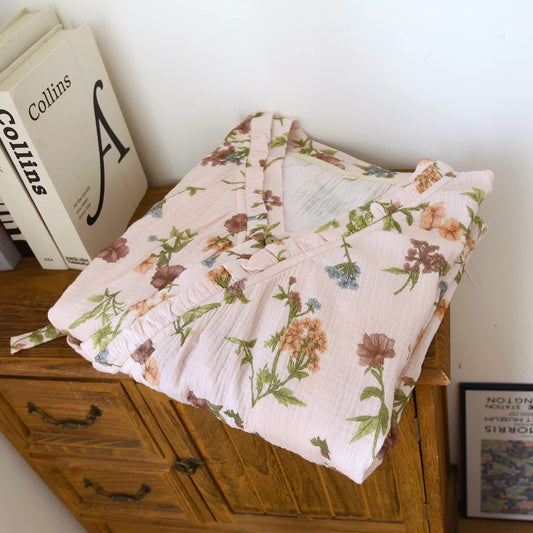 Floral Cotton Gauze Ruffled Neck  Robe - image 1