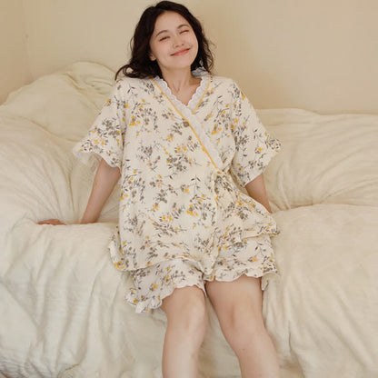 Yellow Floral Cotton Gauze Pajama Set - Beige - XXL - image 0