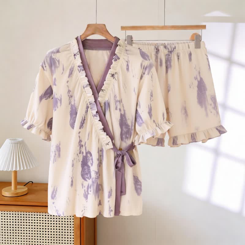 Artistic Pattern Ruffle Sleeve Pajamas - Beige & Purple - 3XL - image 0