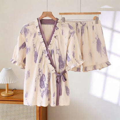 Artistic Pattern Ruffle Sleeve Pajamas - Beige & Purple - 3XL - image 0