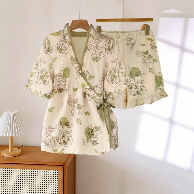 Artistic Rose Ruffle Sleeve Pajama Set - Beige & Green - 3XL - image 0