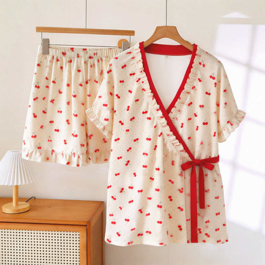 Cherry Polka Dot Ruffle Sleeve Pajamas - Beige & Red - XXXL - image 0