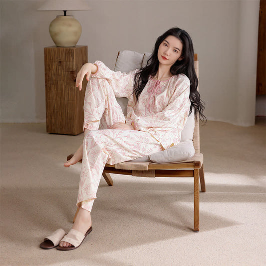 Elegant Floral Cotton Round-neck Pajama Set - image 1