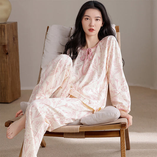 Elegant Floral Cotton Round-neck Pajama Set - Pink - XXL - image 0