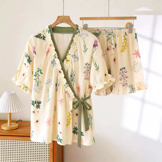 Hydrangea Botanical Ruffle Sleeve Pajamas - Beige & Red - XXXL - image 0