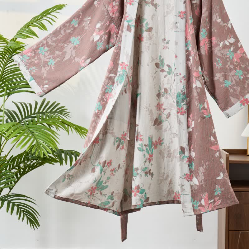 Vintage Floral Cotton Gauze Kimono Robe - image 3
