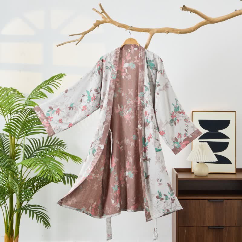 Vintage Floral Cotton Gauze Kimono Robe - Gray - L - image 7