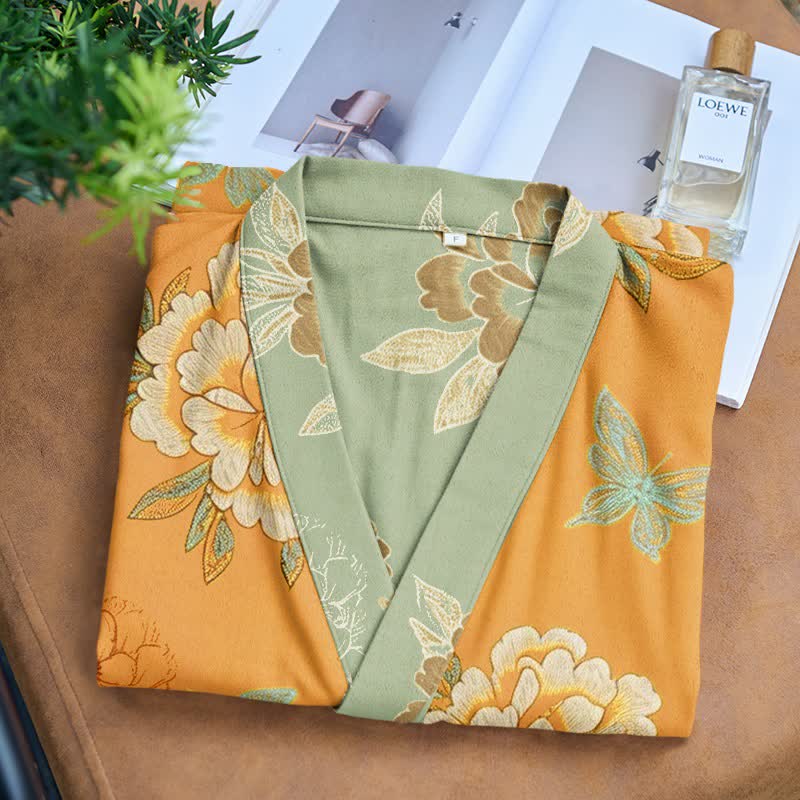 Floral Flourish Yellow Peony Cotton Gauze Kimono Robe - image 4