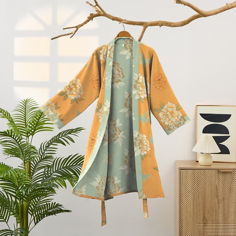 Floral Flourish Yellow Peony Cotton Gauze Kimono Robe - image 2