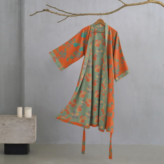 Artistic Floral Cotton Gauze Kimono Robe - Orange - XL - image 0