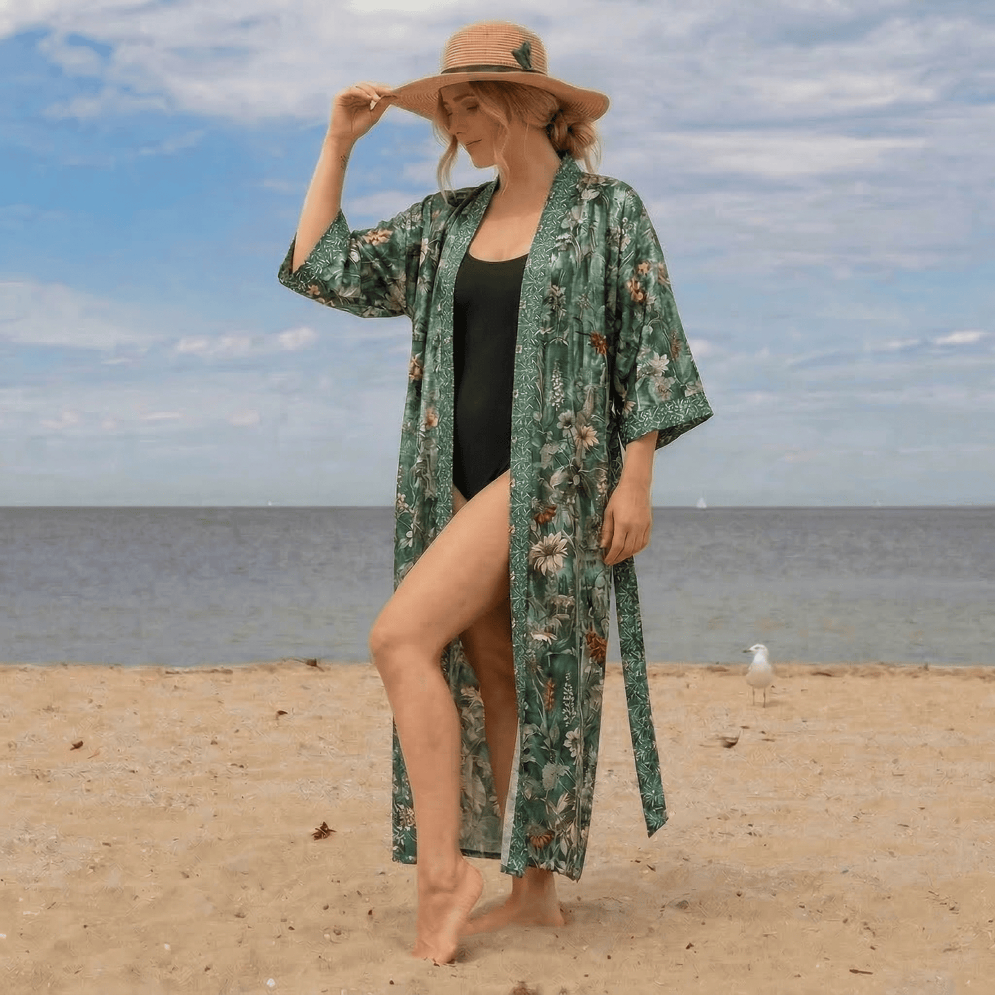 Lush Tropics Green Botanical Floral Kimono Style Bathrobe - image 0