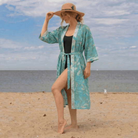 Weekend Escapades Natural Leaf Cotton Gauze Kimono Robe - image 0