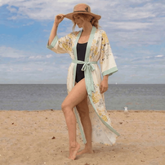 Dreamy Delilah Oriental Yellow Floral Kimono Style Bathrobe - image 0