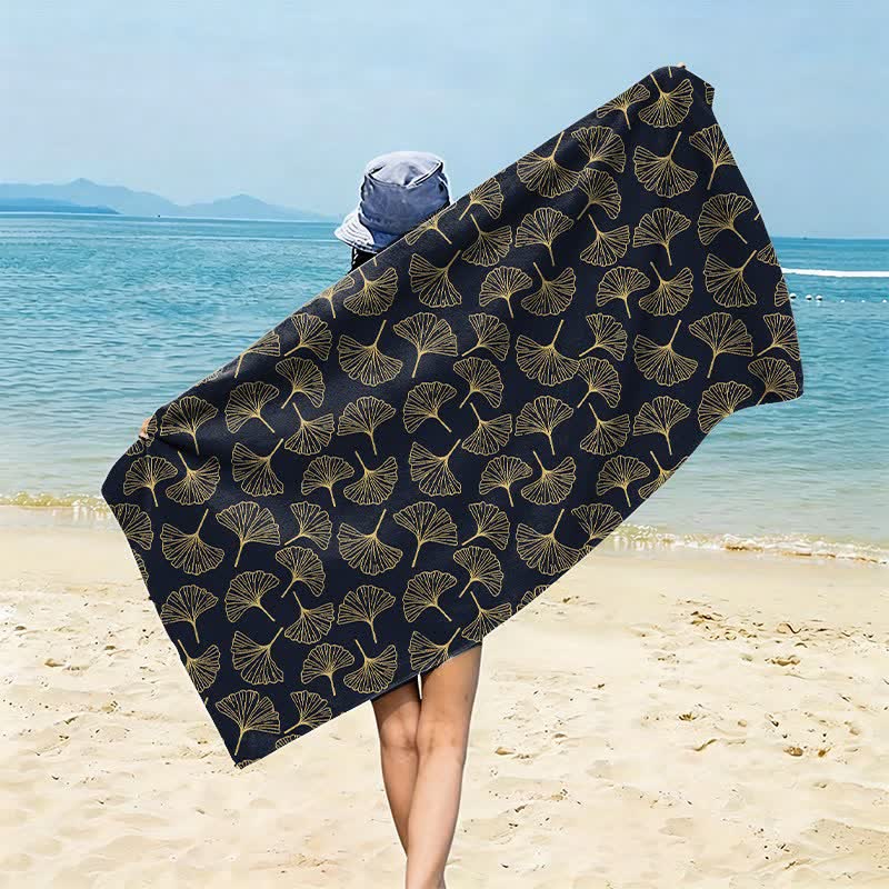Line Art Ginkgo Leaf Beach Towel - Black - 59" x 27" - image 4