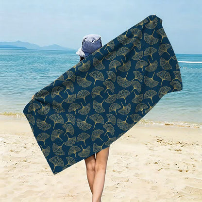 Line Art Ginkgo Leaf Beach Towel - Navy Blue - 59" x 27" - image 0