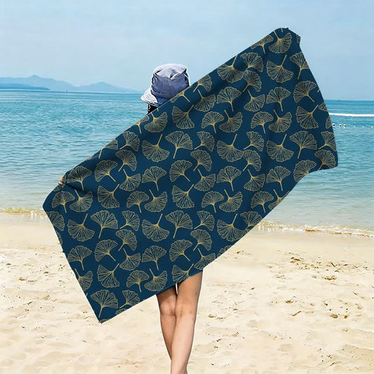 Line Art Ginkgo Leaf Beach Towel - Navy Blue - 59" x 27" - image 0