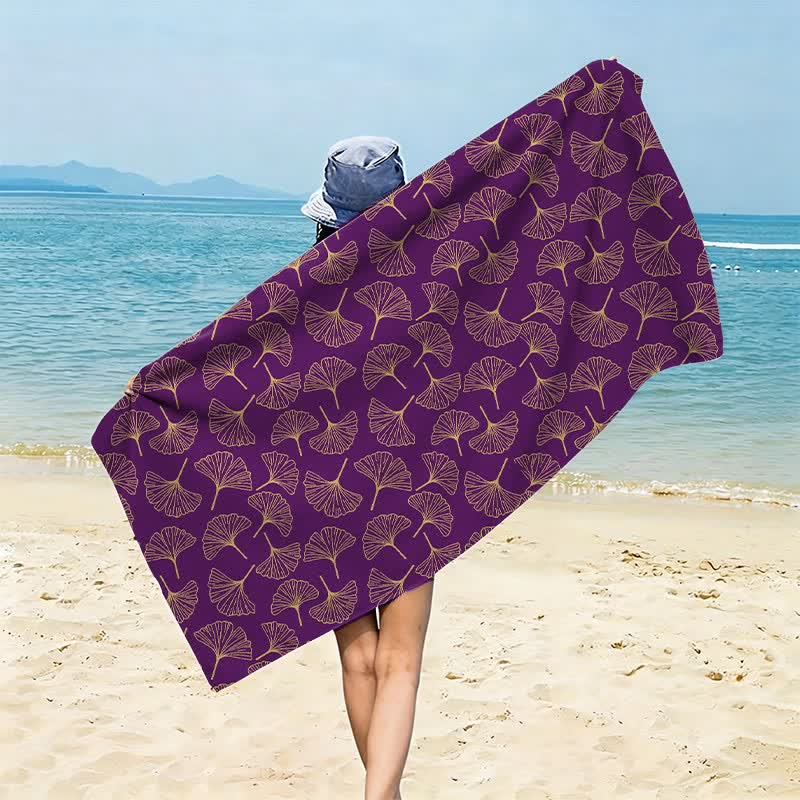 Line Art Ginkgo Leaf Beach Towel - Purple - 59" x 27" - image 12