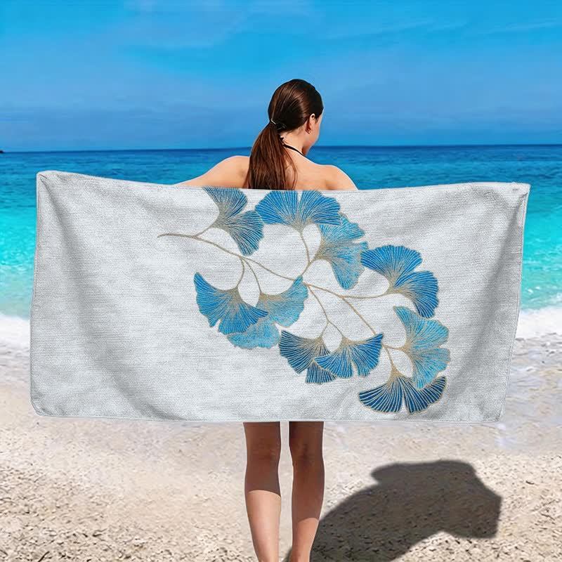Elegant Blue Ginkgo Leaf Beach Towel - image 2
