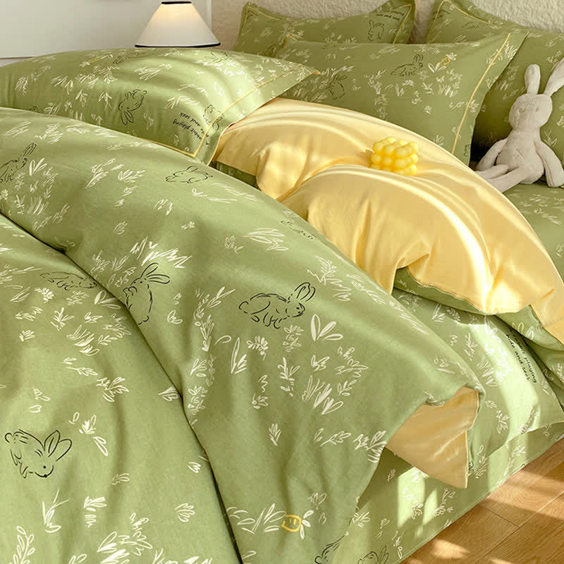 Bunny & Leaf Brushed Cotton Bedding Set - Green - Bedding Set(4PCS) - Queen - image 0