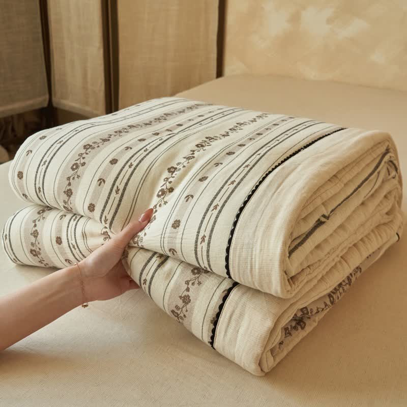 Striped Floral Cotton Linen Quilt - image 3