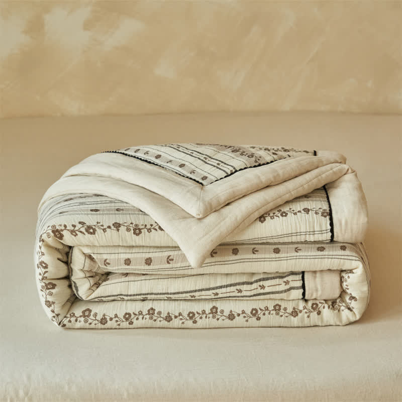 Striped Floral Cotton Linen Quilt - image 1