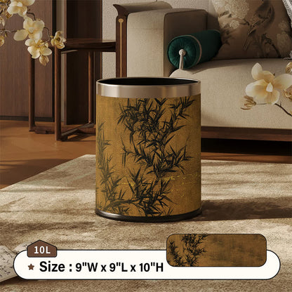 Oriental Zen Bamboo Print Leather Trash Can - Brown - Standard - 9"W x 9"L x 10"H - image 3