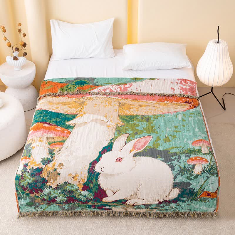 Mushroom & Bunny Cotton Gauze Quilt Blanket - Multicolor - Queen - image 0