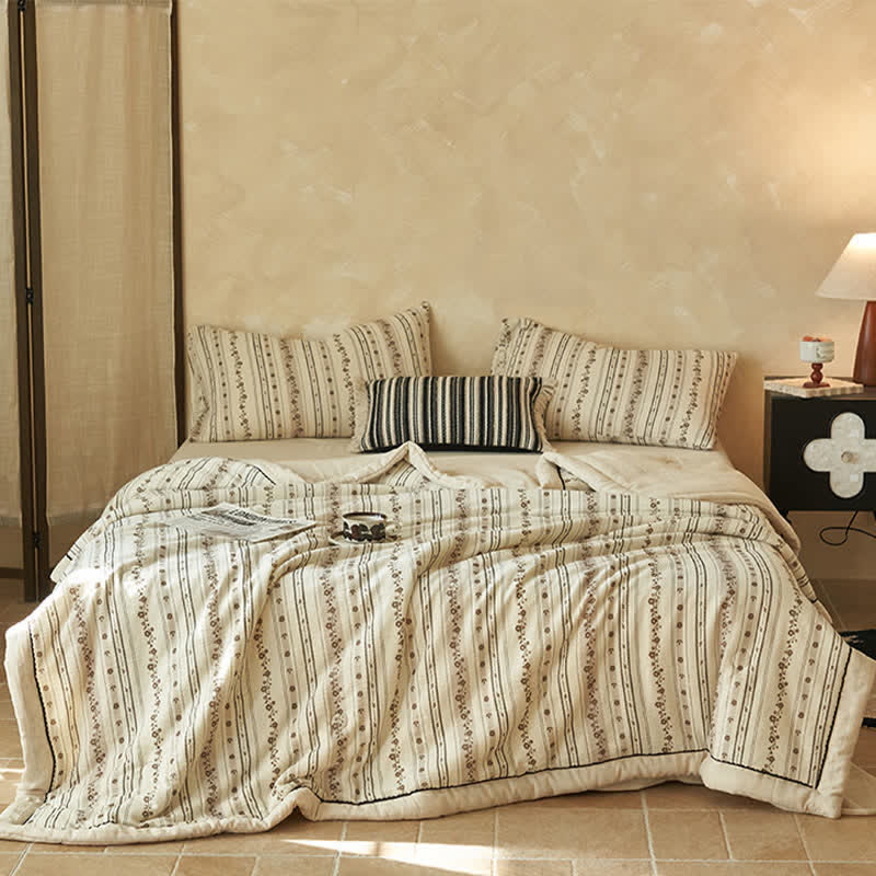 Striped Floral Cotton Linen Quilt - image 2