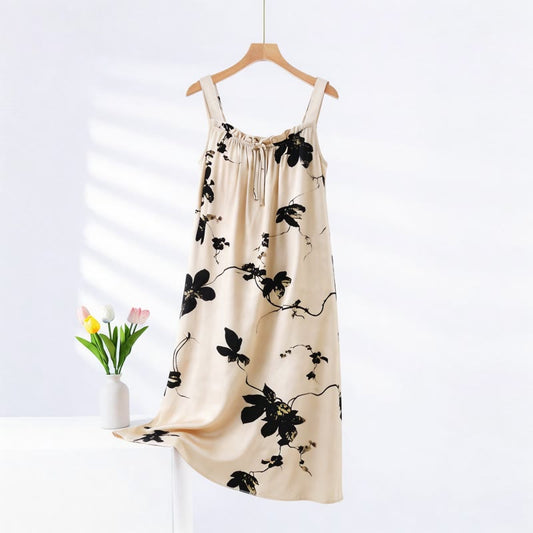 Ink Wash Floral Sleeveless Nightgown - Beige - Plus Size - image 0