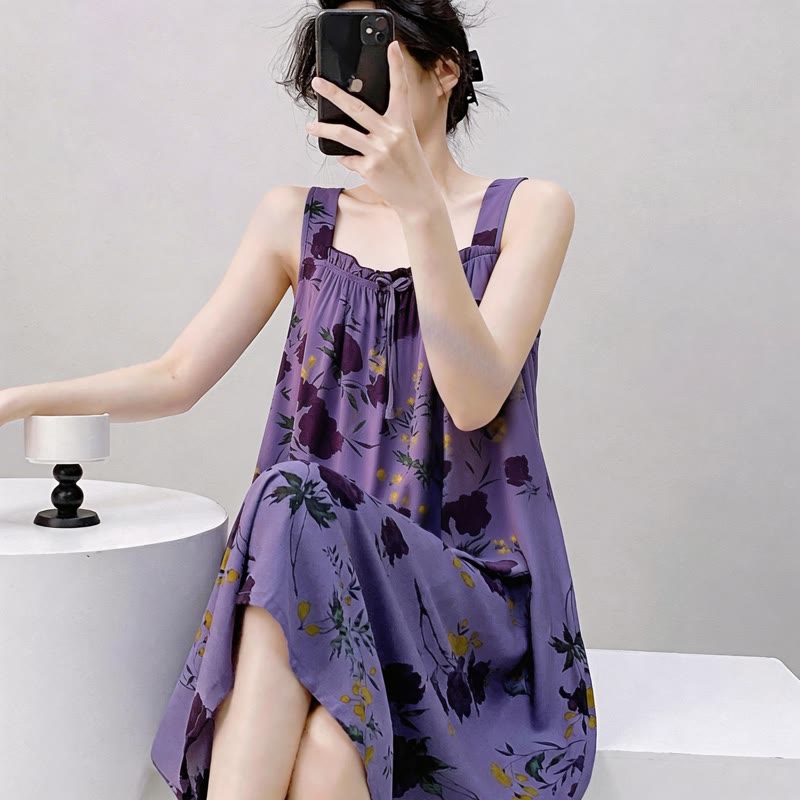 Purple Floral Print Sleeveless Nightgown - image 3