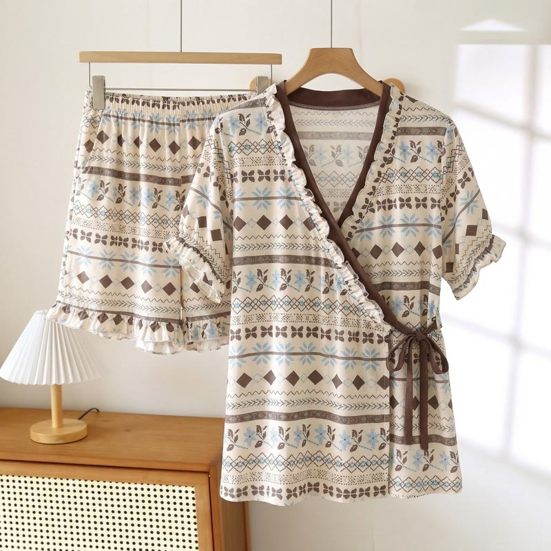 Geometric Pattern & Floral Ruffle Sleeve Pajama Set - Green - 3XL - image 0