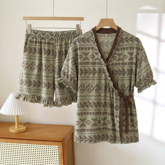 Boho Style Ruffle Sleeve Pajama Set - Green - 3XL - image 0