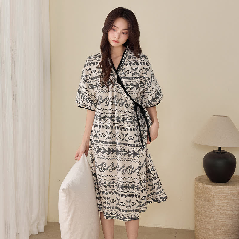 Boho Ethnic Style Ruffled Side-Tie Nightgown - image 1