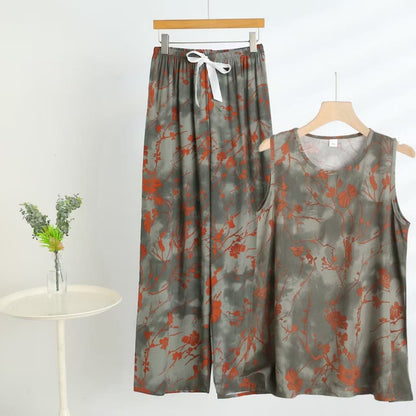 Artistic Branch Floral Tank & Pants Pajama Set - Grey - 5XL - image 0