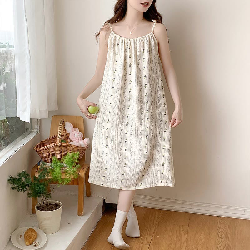 Striped Floral Cotton Gauze Camisole Nightgown - image 3