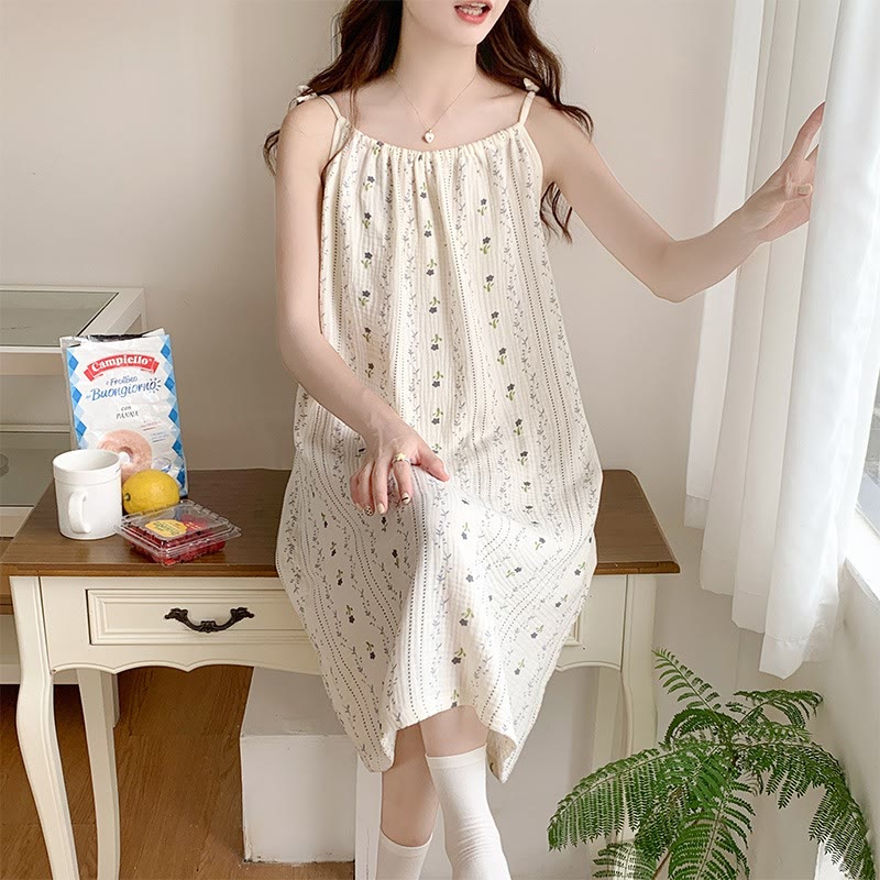 Striped Floral Cotton Gauze Camisole Nightgown - image 4