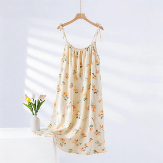 Orange Floral Cotton Gauze Camisole Nightgown - Beige - L - image 0