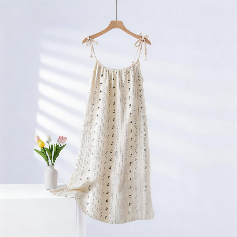 Striped Floral Cotton Gauze Camisole Nightgown - Beige - XXL - image 0