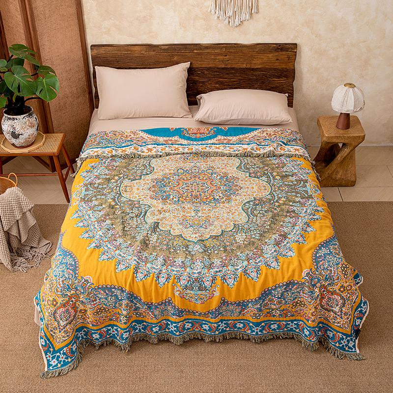 Vintage Pattern Cotton Gauze Tassel Quilt Blanket - image 1