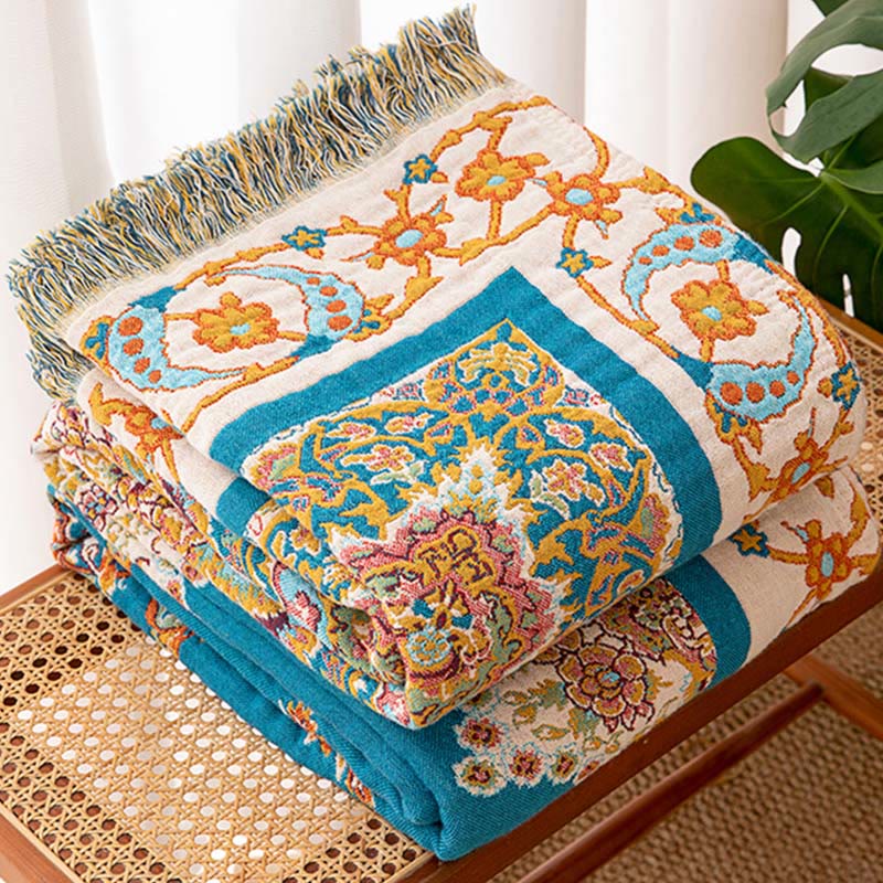 Vintage Pattern Cotton Gauze Tassel Quilt Blanket - image 4
