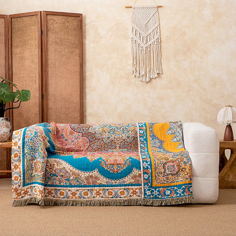 Vintage Pattern Cotton Gauze Tassel Quilt Blanket - image 3