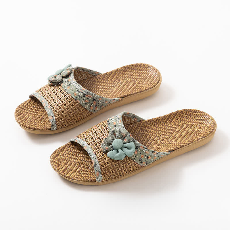 Floral Rattan Straw Slides House Slippers - image 12