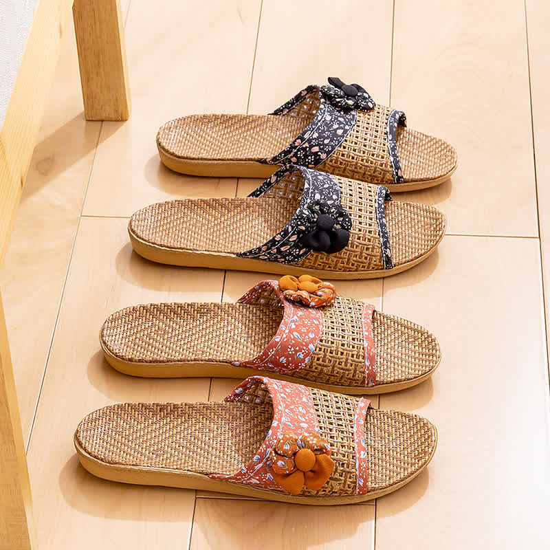 Floral Rattan Straw Slides House Slippers - image 2