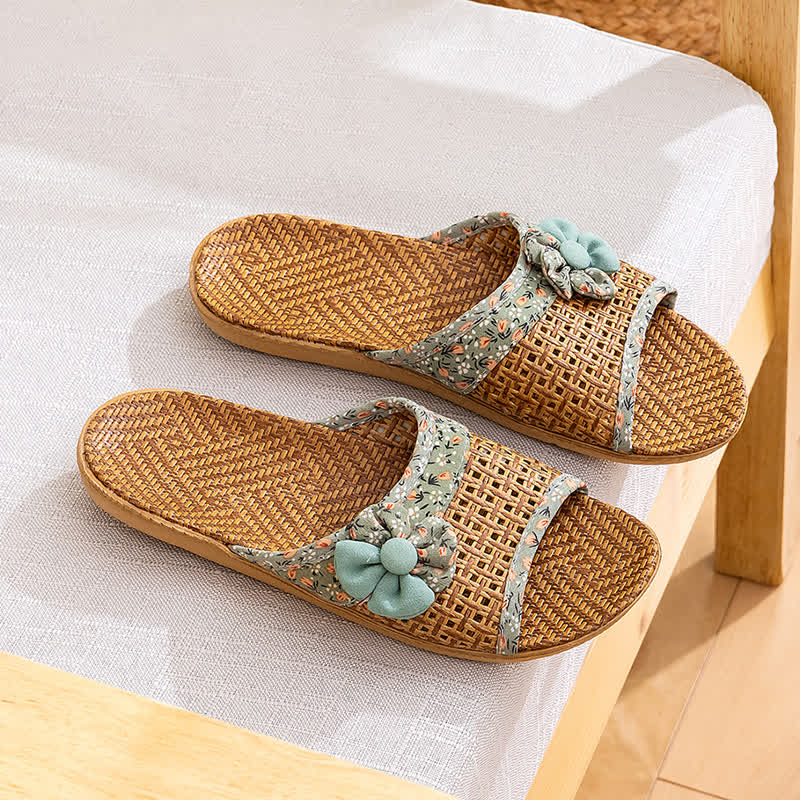 Floral Rattan Straw Slides House Slippers - image 11