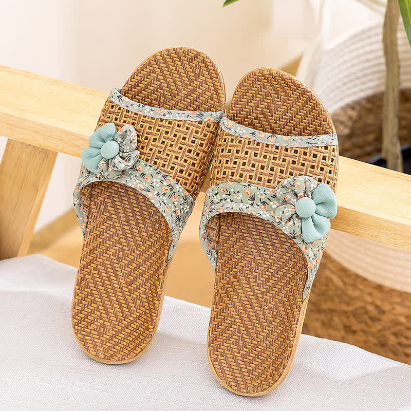 Floral Rattan Straw Slides House Slippers - Green - L - image 10