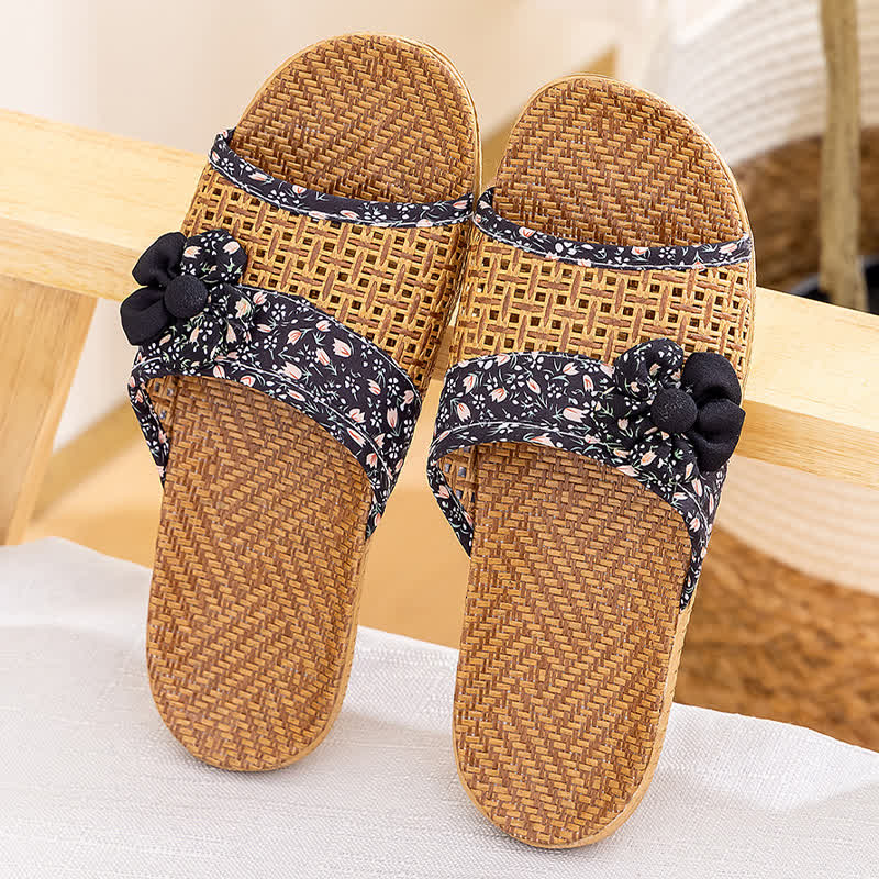 Floral Rattan Straw Slides House Slippers - Black - L - image 16