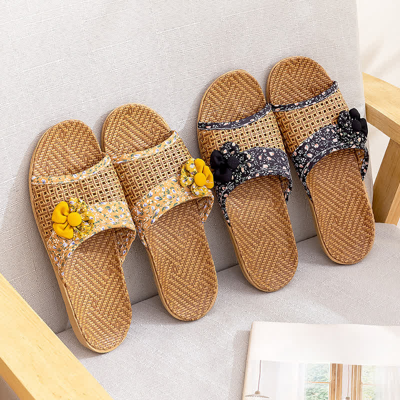 Floral Rattan Straw Slides House Slippers - image 3